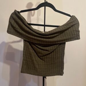 Express Army Green Ribbed Knit Off The Shoulder Top Medium